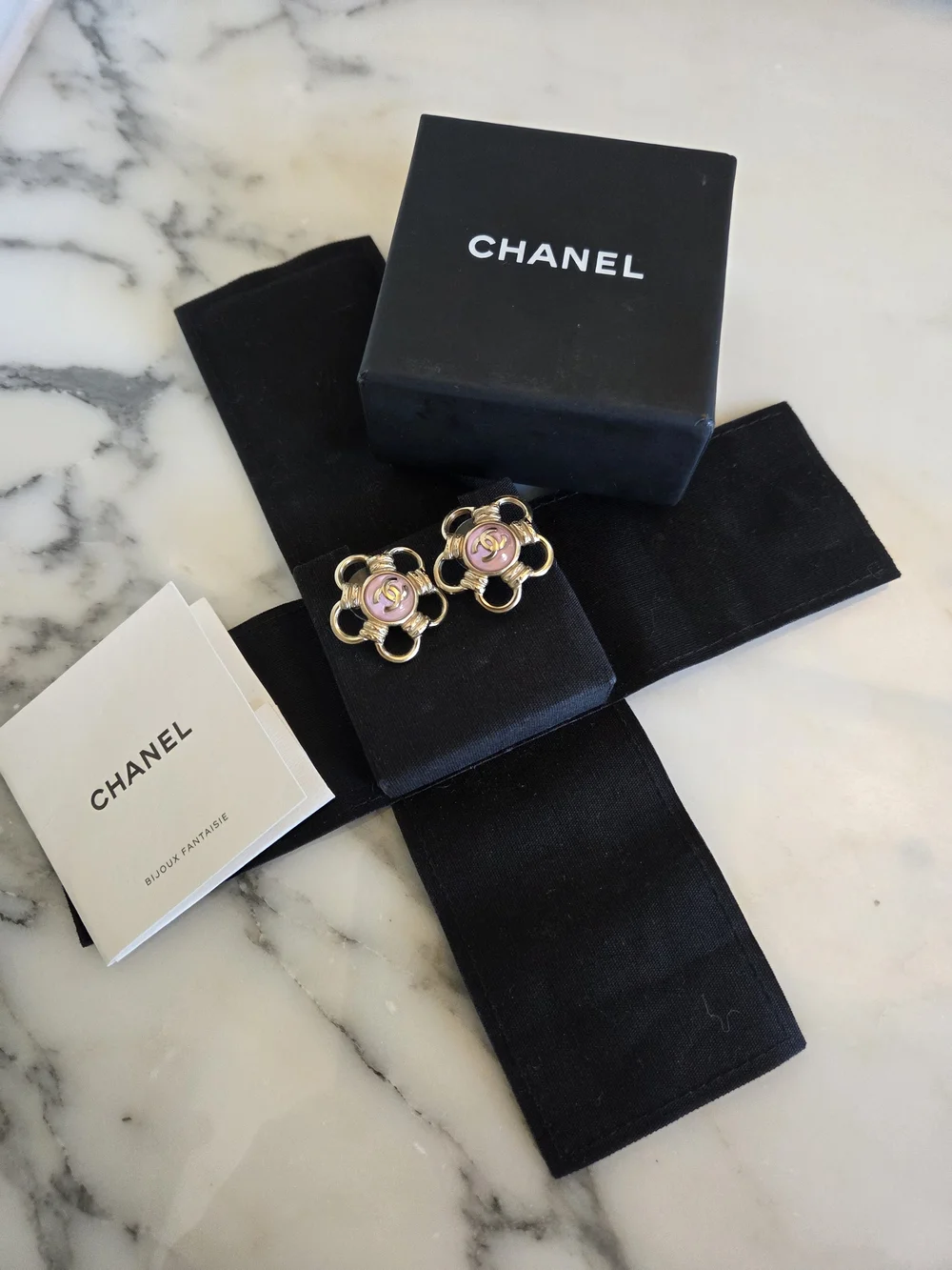 CHANEL Pink Camellia Logo Gold-Tone Stud Earrings Opalesque Swirl Statement Stud - Picture 12 of 15
